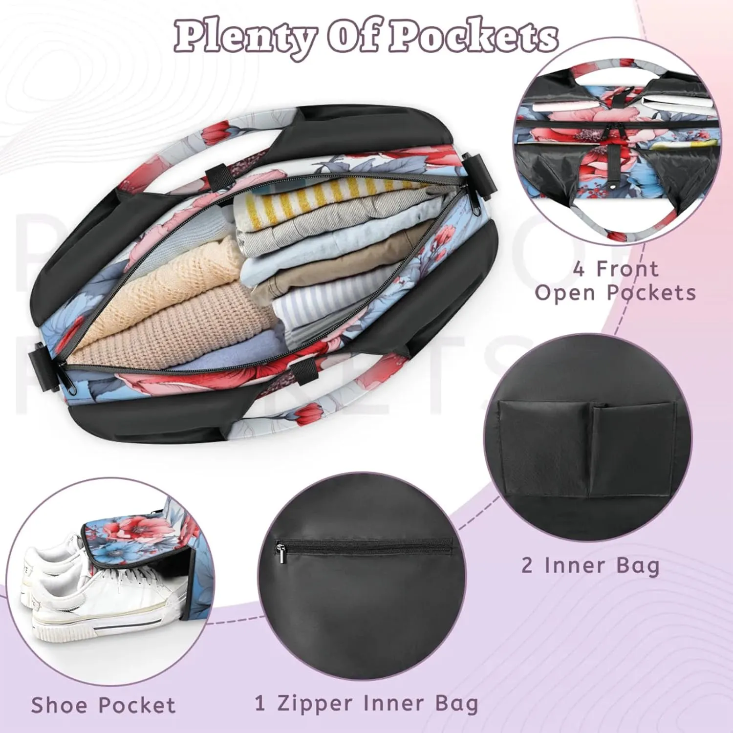 Pink Blue Floral Waterproof Gym Bag for Men Women, Sports Duffel Bag with Shoe Compartment Yoga Mat Holder, Portable Large Travel Bag for Fitness, Camping, Weekend Trips