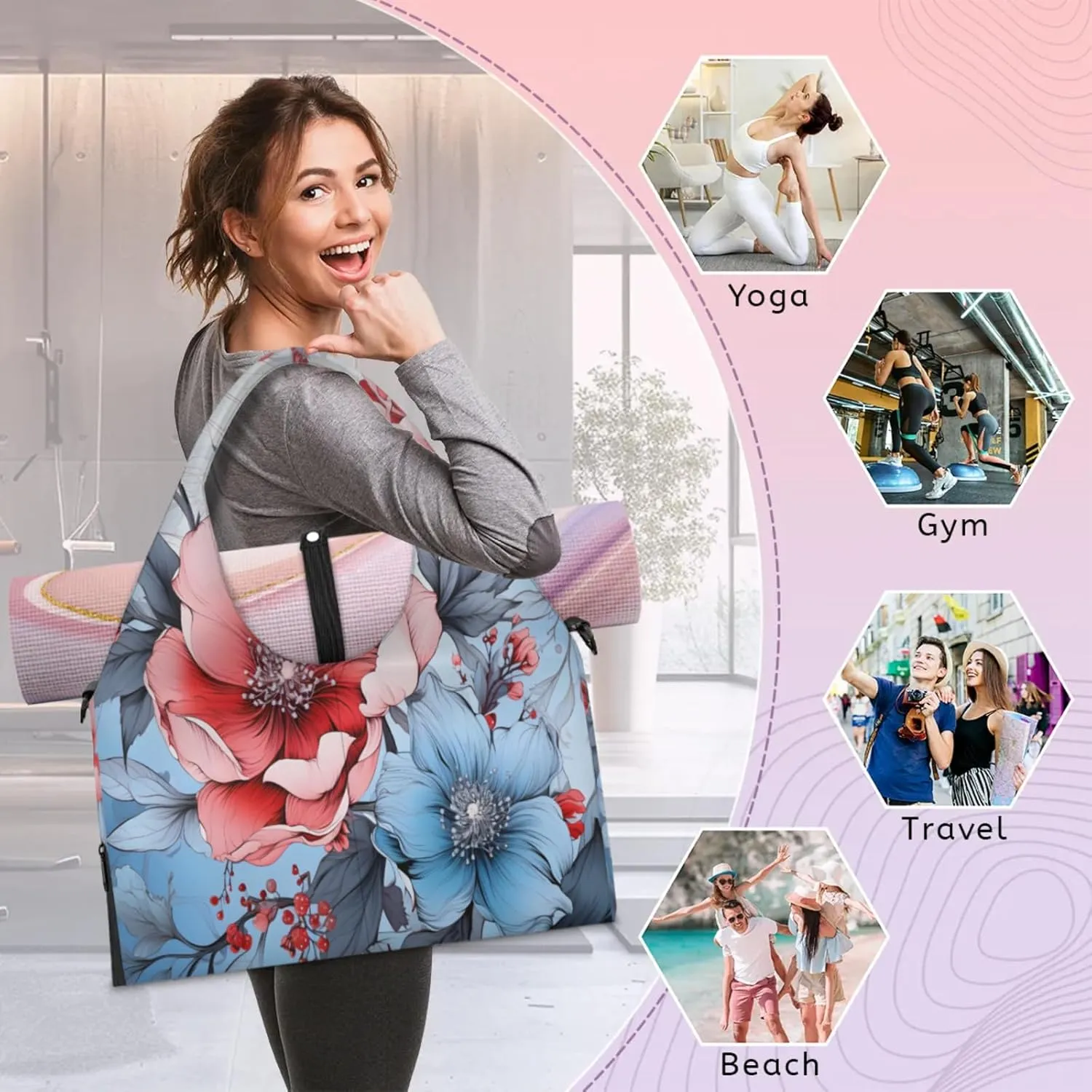 Pink Blue Floral Waterproof Gym Bag for Men Women, Sports Duffel Bag with Shoe Compartment Yoga Mat Holder, Portable Large Travel Bag for Fitness, Camping, Weekend Trips