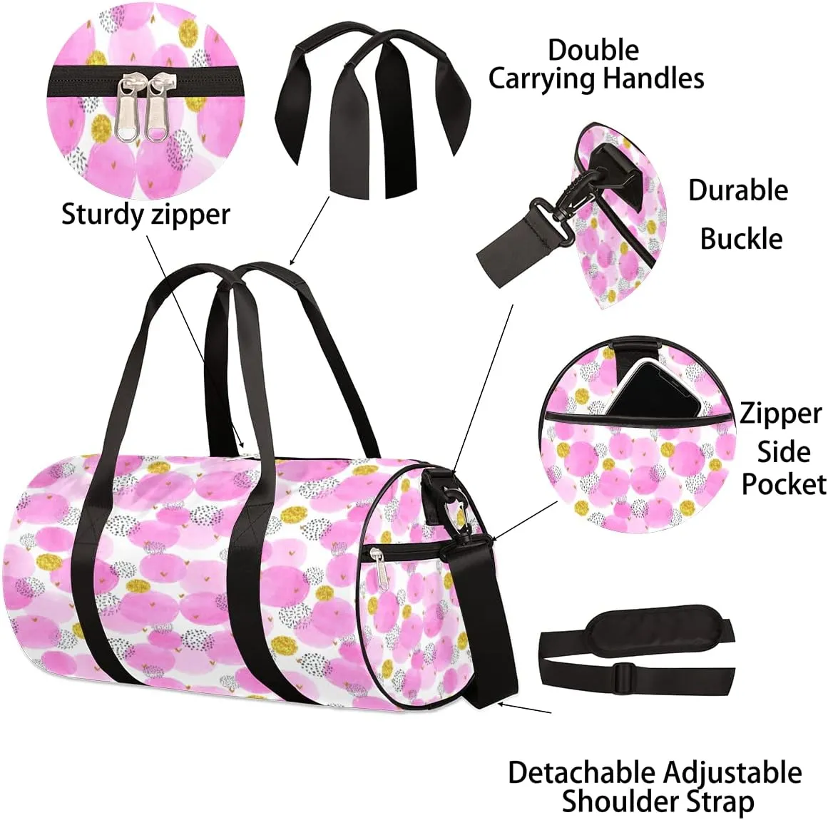 Pink Circle Dots Gym Bag Small Gym Duffel Bags for Men Women Kawaii Overnight Weekender Bag Lightweight Sport Duffle Bag Carry On Gymbag
