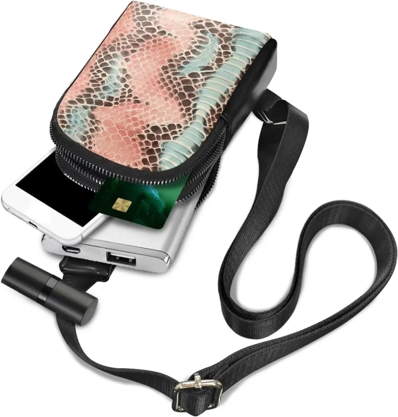 Pink Snake Skin Sling Bag Crossbody Bag for Women, Snakeskin Texture PU Leather Hands-Free Wallets Waist Pack Phone Bag for Workout Travelling Running