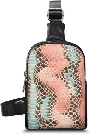 Pink Snake Skin Sling Bag Crossbody Bag for Women, Snakeskin Texture PU Leather Hands-Free Wallets Waist Pack Phone Bag for Workout Travelling Running