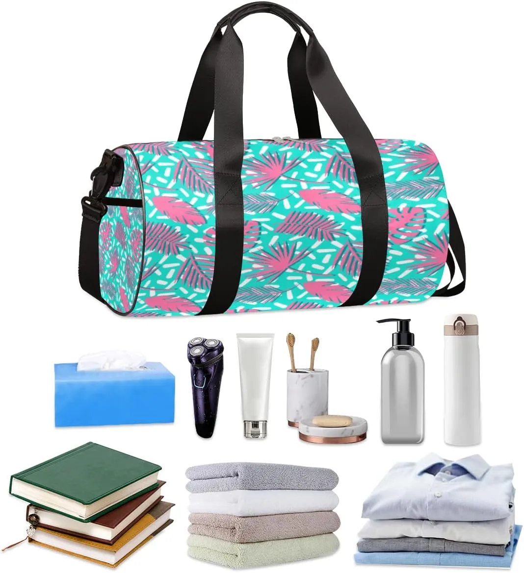 Pink Turquoise Gym Bag Small Gym Duffel Bags for Men Women Abstract Leaf Overnight Weekender Bag Lightweight Sport Duffle Bag Carry On Gymbag