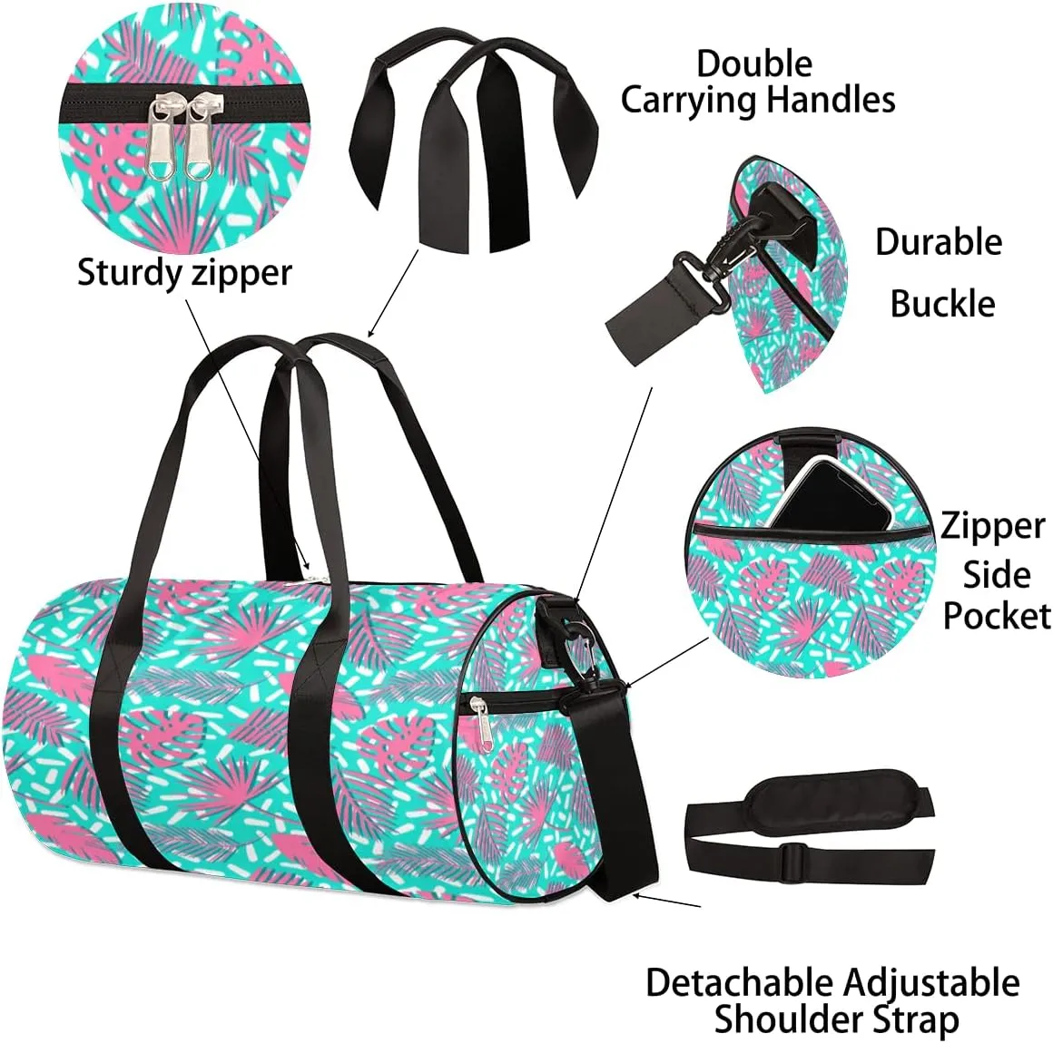 Pink Turquoise Gym Bag Small Gym Duffel Bags for Men Women Abstract Leaf Overnight Weekender Bag Lightweight Sport Duffle Bag Carry On Gymbag