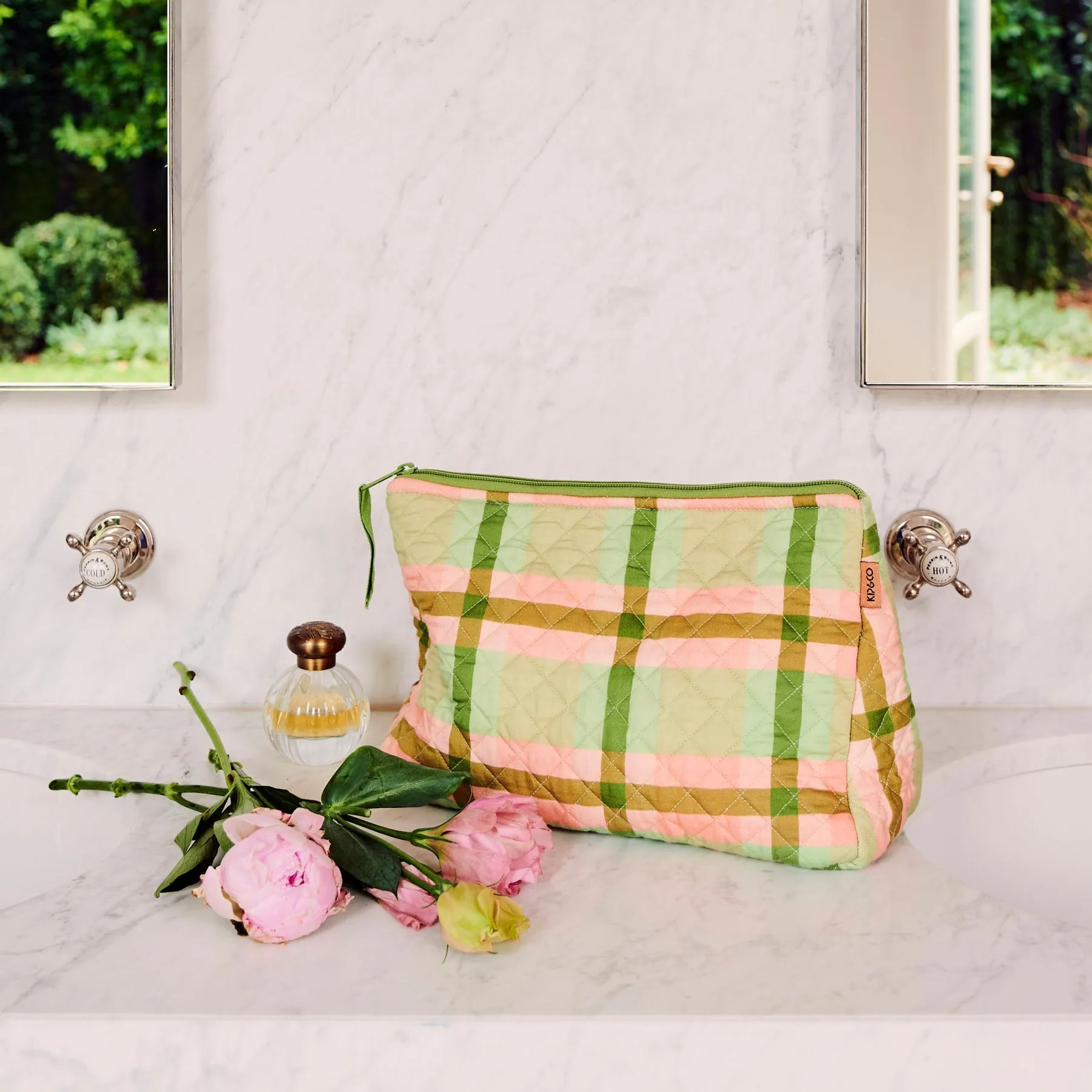 Pistachio Tartan Quilted Cotton Toiletry Purse