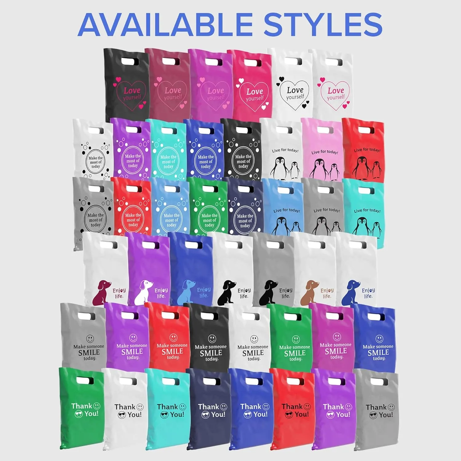 Plastic Bags with Handles,12x15 Merchandise Bags for Small Business,Die-Cut Retail Shopping & Boutique Bags,Vendor Event and Tradeshow Supplies,Make someone smile today