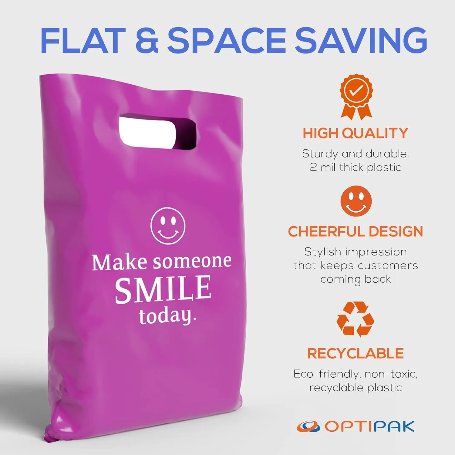 Plastic Bags with Handles,12x15 Merchandise Bags for Small Business,Die-Cut Retail Shopping & Boutique Bags,Vendor Event and Tradeshow Supplies,Make someone smile today