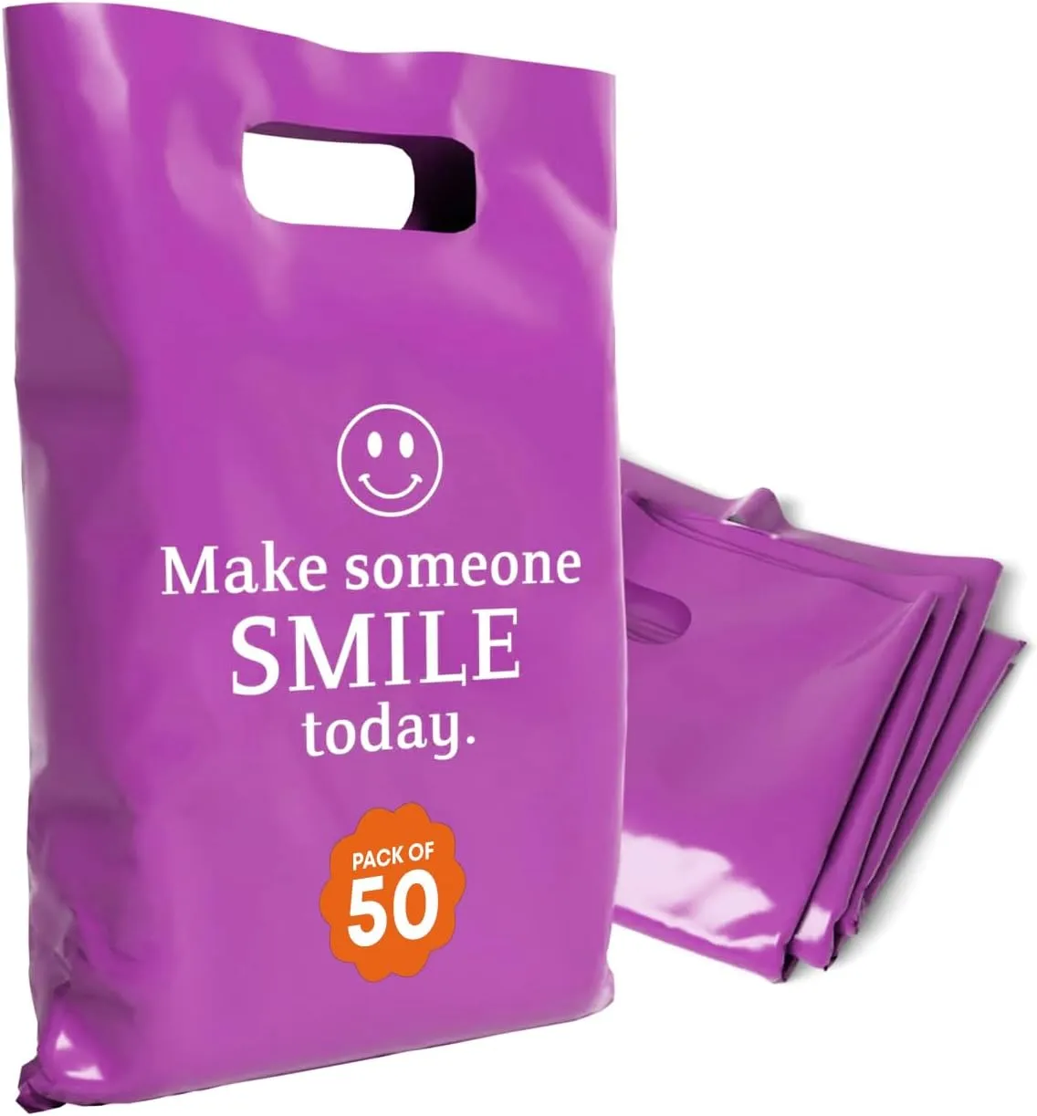 Plastic Bags with Handles,12x15 Merchandise Bags for Small Business,Die-Cut Retail Shopping & Boutique Bags,Vendor Event and Tradeshow Supplies,Make someone smile today