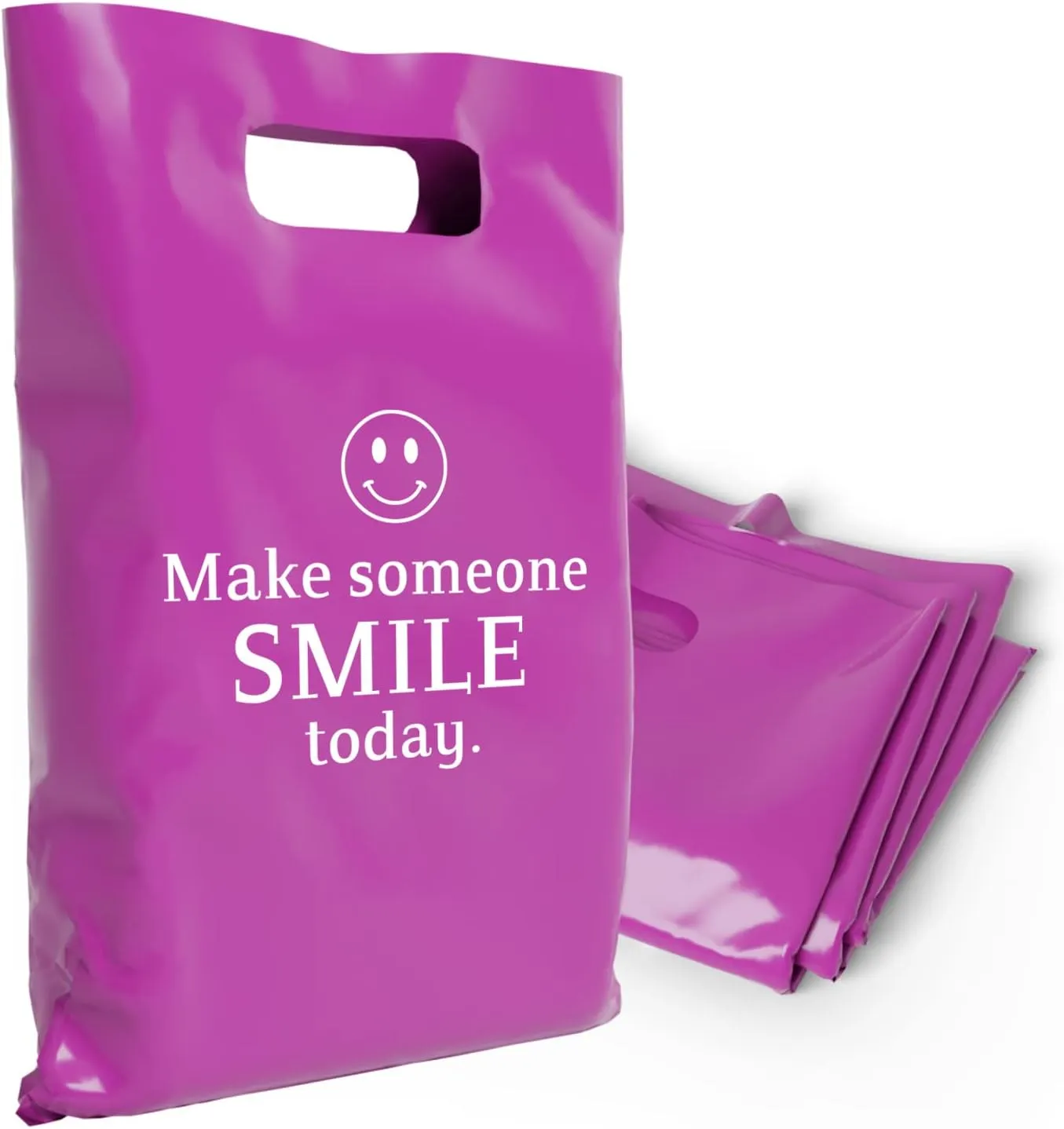 Plastic Bags with Handles,12x15 Merchandise Bags for Small Business,Die-Cut Retail Shopping & Boutique Bags,Vendor Event and Tradeshow Supplies,Make someone smile today