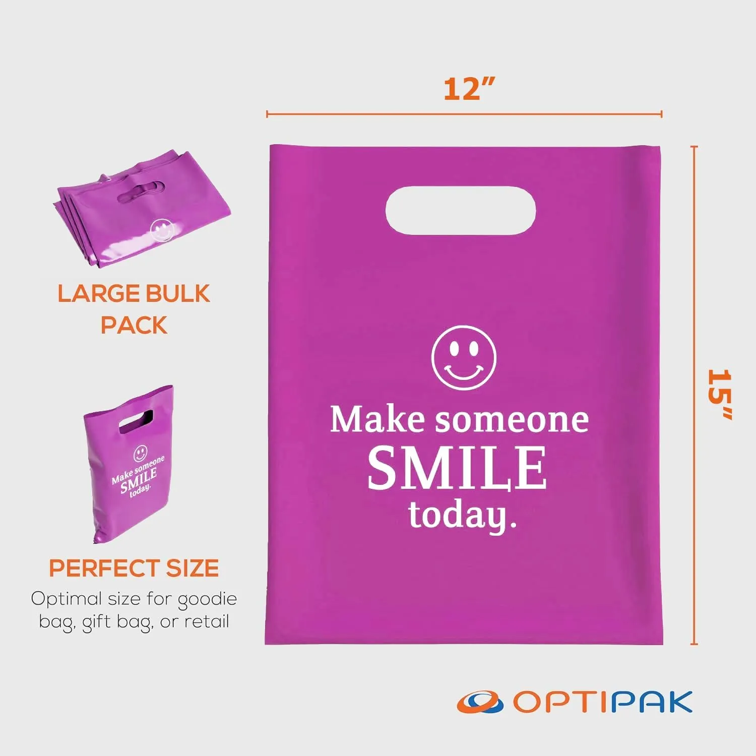 Plastic Bags with Handles,12x15 Merchandise Bags for Small Business,Die-Cut Retail Shopping & Boutique Bags,Vendor Event and Tradeshow Supplies,Make someone smile today