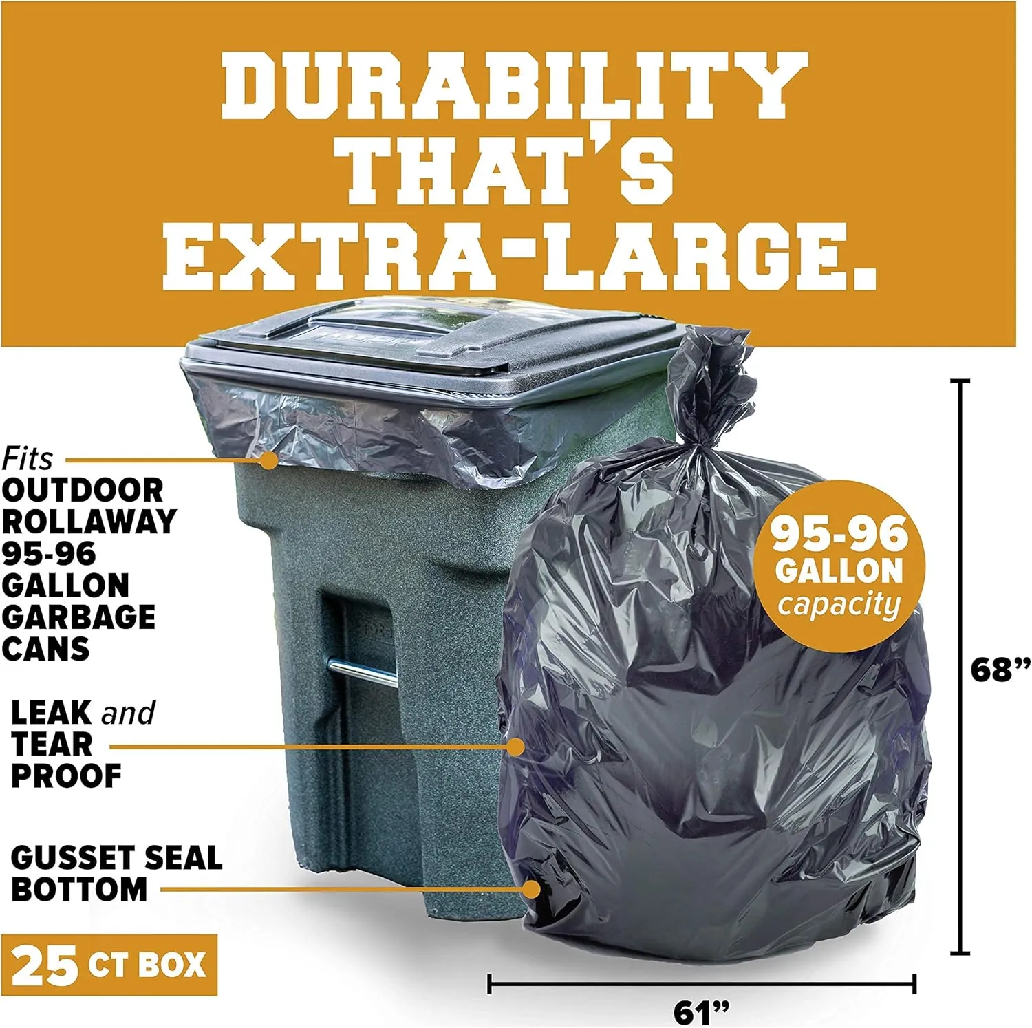 Plasticplace 95-96 Gallon Garbage Can Liners │ 2 Mil │ Black Heavy Duty Trash Bags │ 61” x 68”, 25 Count
