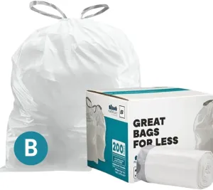 Plasticplace Trash Bags, Compatible with simplehuman Code B (200 Count) White Drawstring Garbage Liners 1.6 Gallon / 6 Liter, 12.5" x 15.5"