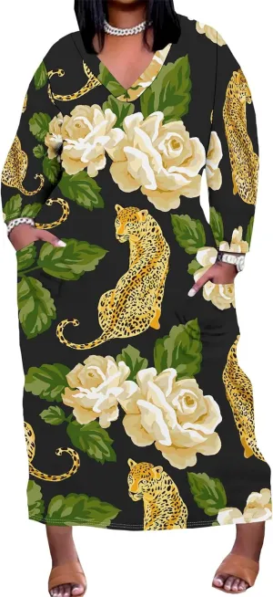 Plus Size Maxi Dresses for Curvy Women 2025 Casual V Neck Long Sleeve Oversize Tshirt with Pockets Travel Vacation Outfits