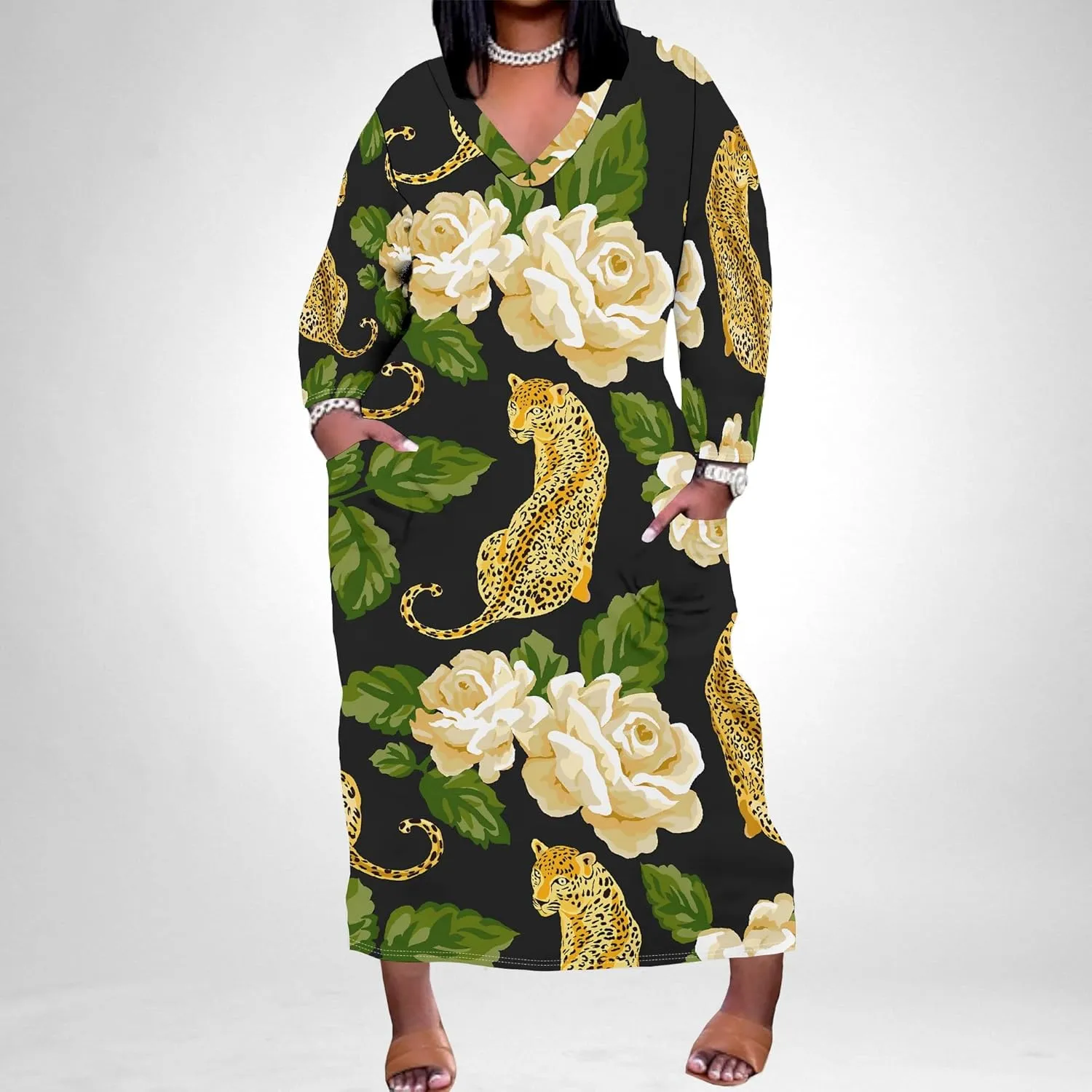 Plus Size Maxi Dresses for Curvy Women 2025 Casual V Neck Long Sleeve Oversize Tshirt with Pockets Travel Vacation Outfits