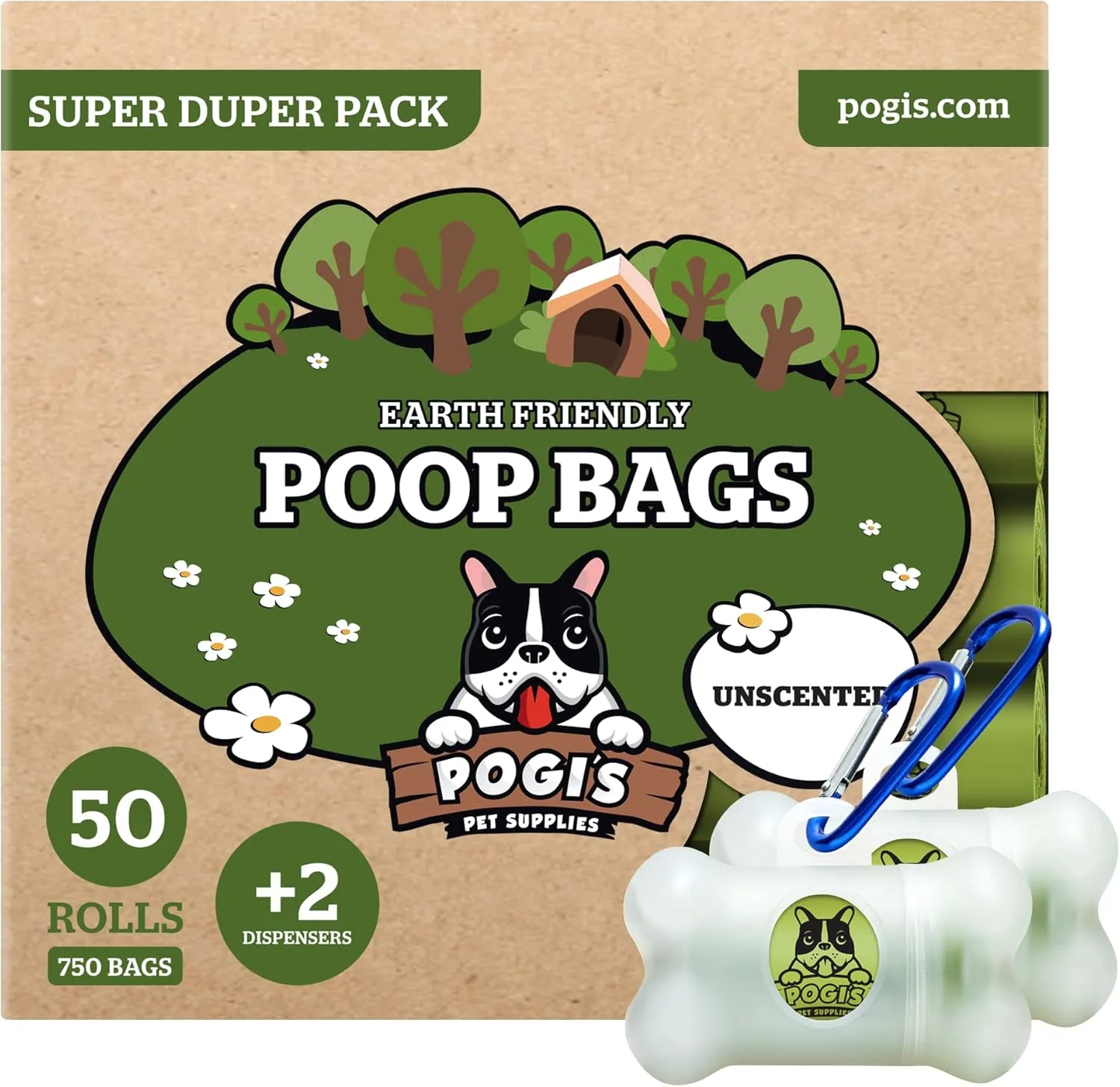 Pogi’s Dog Poop Bags - 50 Unscented Rolls (750 Doggie Poop Bags)   2 Dog Poop Bag Holders for Leashes - Leak-Proof Dog Waste Bags - Ultra Thick, Extra Large Poop Bags for Dogs