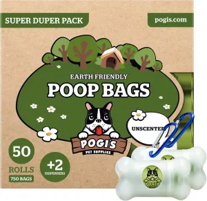 Pogi’s Dog Poop Bags - 50 Unscented Rolls (750 Doggie Poop Bags)   2 Dog Poop Bag Holders for Leashes - Leak-Proof Dog Waste Bags - Ultra Thick, Extra Large Poop Bags for Dogs
