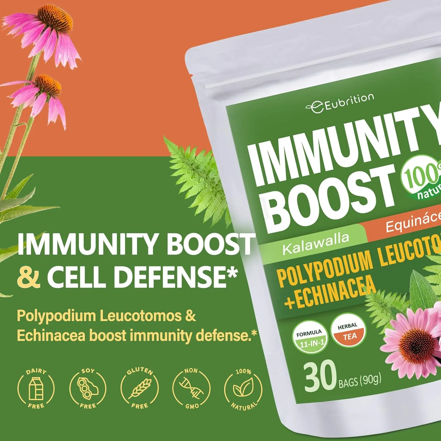Polypodium Leucotomos (Kalawalla) Immunity Boost Tea Bags, Natural Herbal w/Echinacea, Sarsaparilla Root Support Immune System, Te de Equinacea, Ñame Salvaje y Zarzaparrilla. 30 Bags