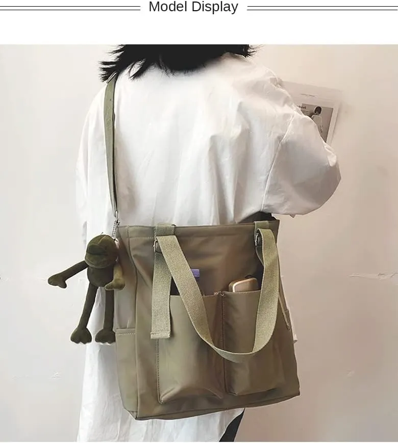 Pooyikoi Women Canvas Tote Bag Waterproof Nylon Multi Pocket Shoulder Bags Solid Crossbody Large Capacity Tote Shoulder Bags