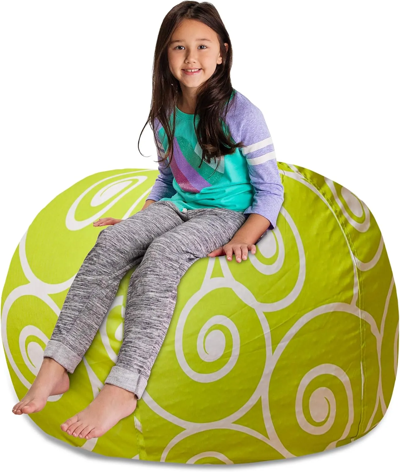 Posh Stuffable Kids Stuffed Animal Storage Bean Bag Chair Cover - Childrens Toy Organizer, X-Large 48" - Pattern Swirls Lime and White