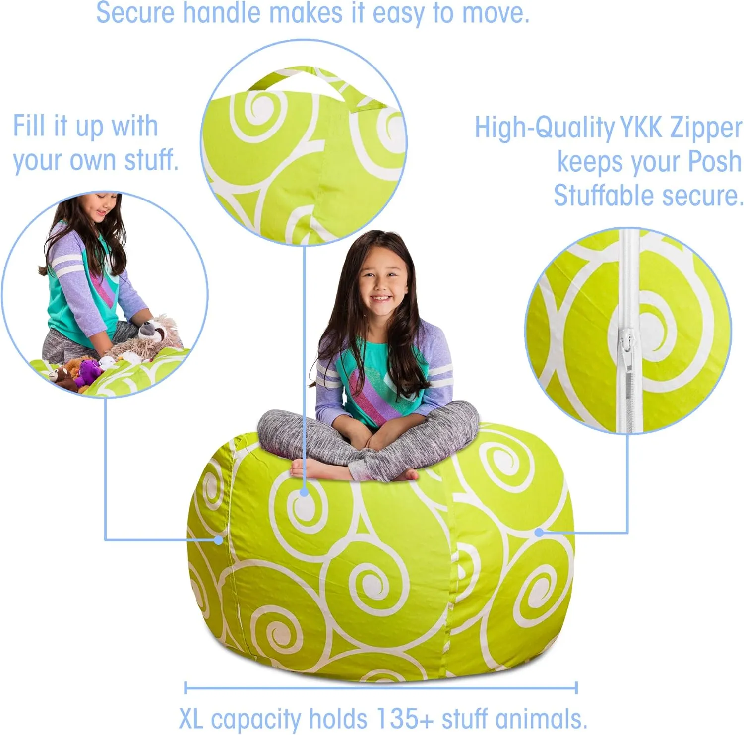 Posh Stuffable Kids Stuffed Animal Storage Bean Bag Chair Cover - Childrens Toy Organizer, X-Large 48" - Pattern Swirls Lime and White
