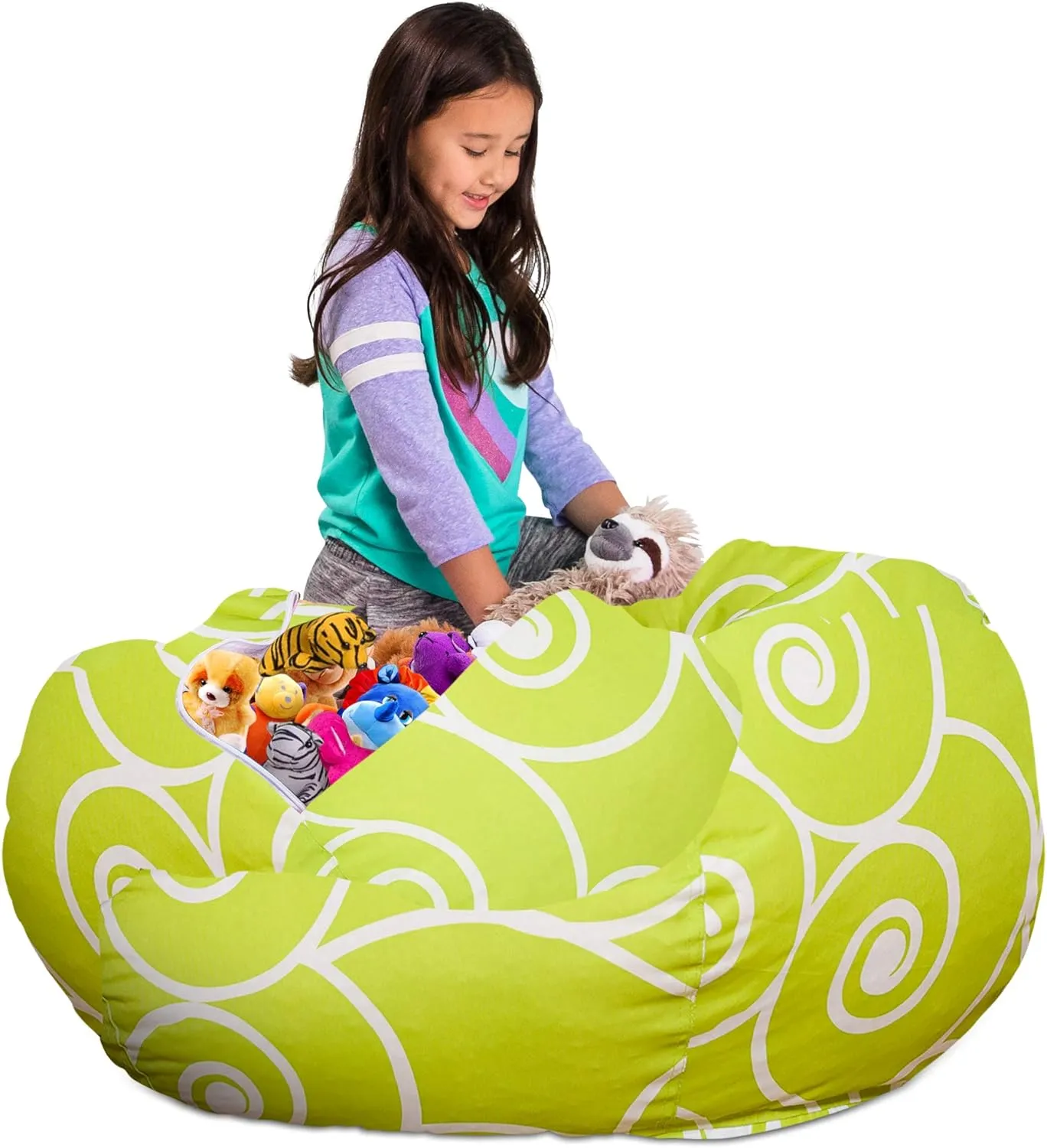 Posh Stuffable Kids Stuffed Animal Storage Bean Bag Chair Cover - Childrens Toy Organizer, X-Large 48" - Pattern Swirls Lime and White