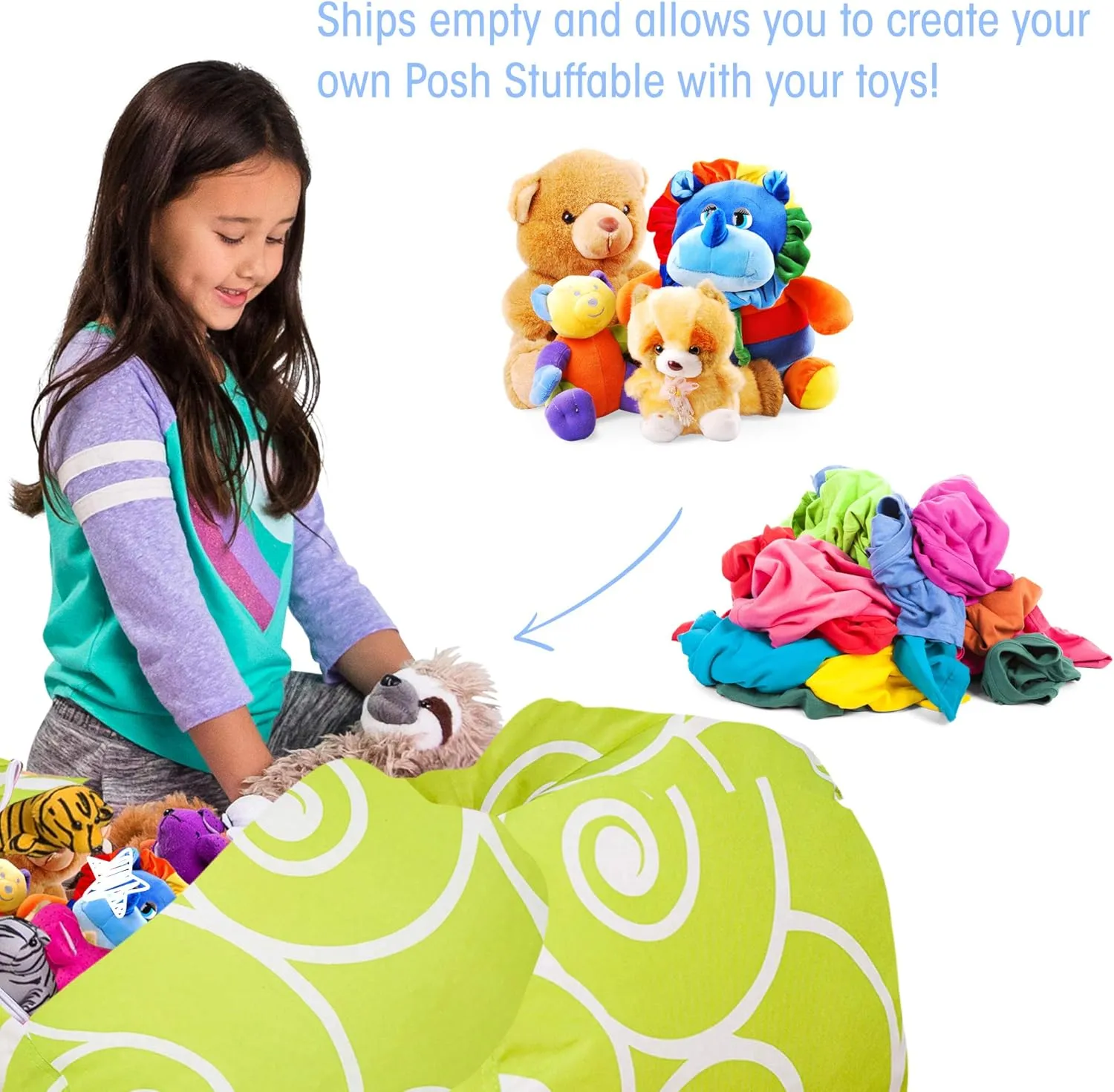 Posh Stuffable Kids Stuffed Animal Storage Bean Bag Chair Cover - Childrens Toy Organizer, X-Large 48" - Pattern Swirls Lime and White