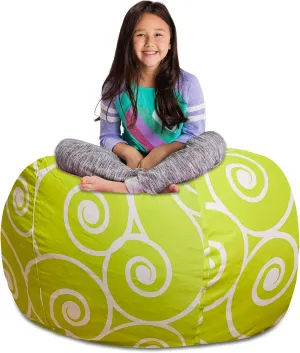 Posh Stuffable Kids Stuffed Animal Storage Bean Bag Chair Cover - Childrens Toy Organizer, X-Large 48" - Pattern Swirls Lime and White