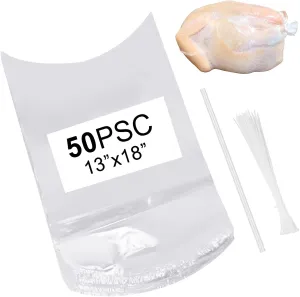 Poultry Shrink Bags, (50Pcs 13x18’’) chicken bags   50 Heat-Resistant Zip Ties   a Silicone Straw., For Chickens, Rabbits and other meats, lock in freshness, nutrition, and extend storage time.