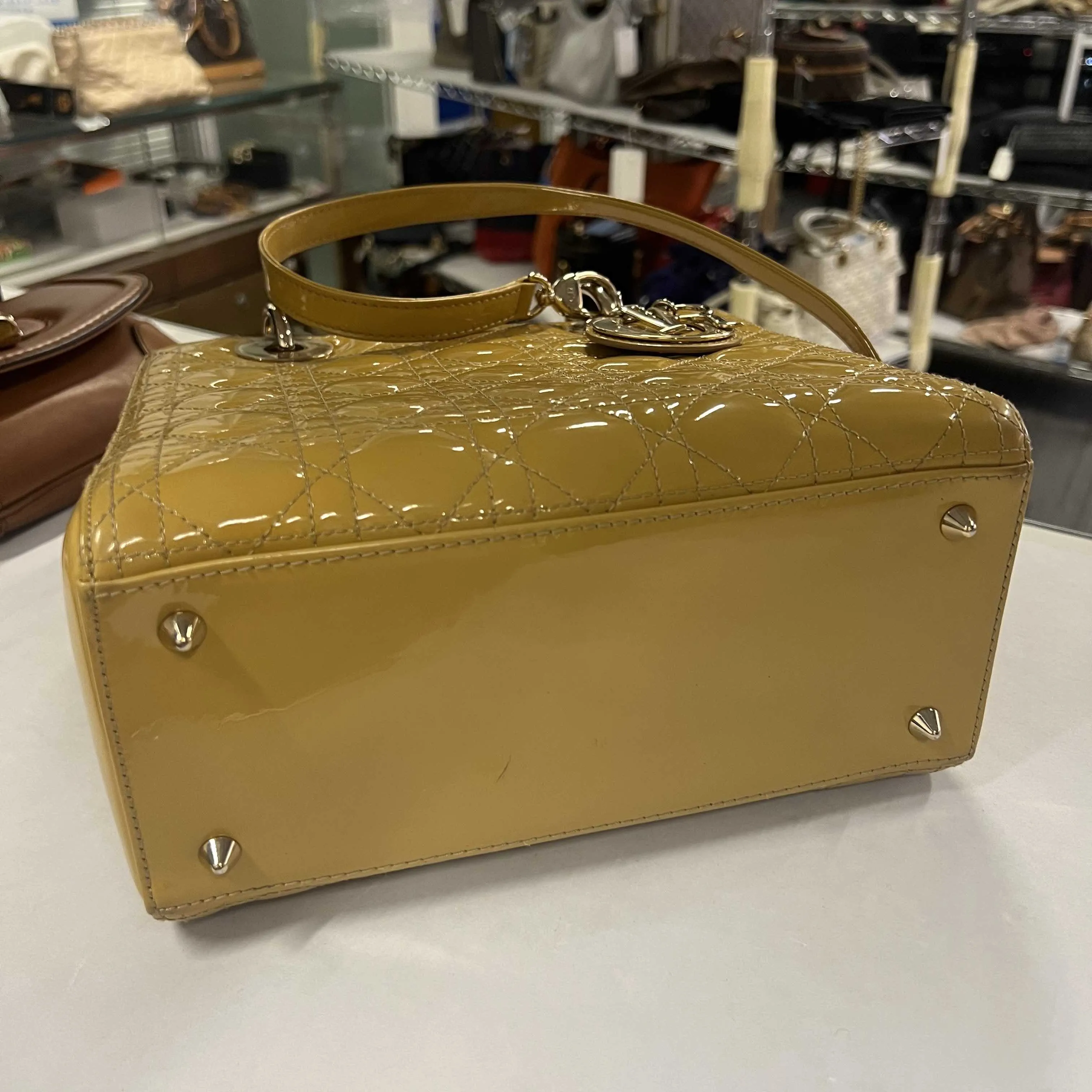 Preloved Dior Lady Bag Yellow Patent Leather Top Handle Bag