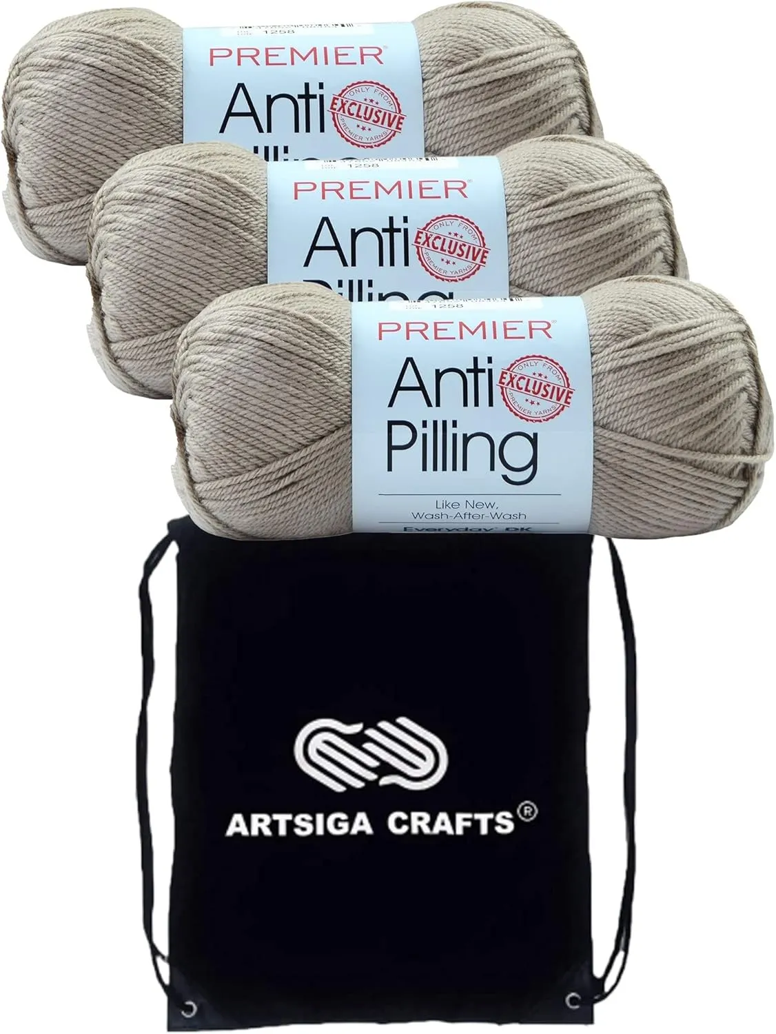 Premier Yarns Anti-Pilling Everyday DK Cappuccino 1107-21 (3-Skeins-Same Dye Lot) DK Light Worsted #3 Anti-Pilling Acrylic Yarn for Crocheting and Knitting with Project Bag