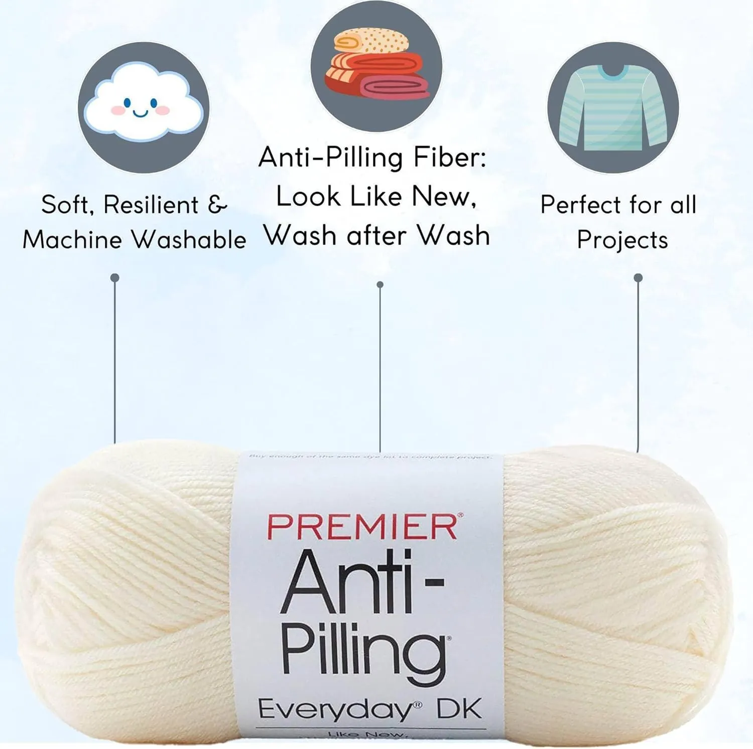 Premier Yarns Anti-Pilling Everyday DK Cream 1107-02 (3-Skeins - Same Dye Lot) DK Light Worsted #3 Anti-Pilling Acrylic Yarn for Crocheting and Knitting with Project Bag
