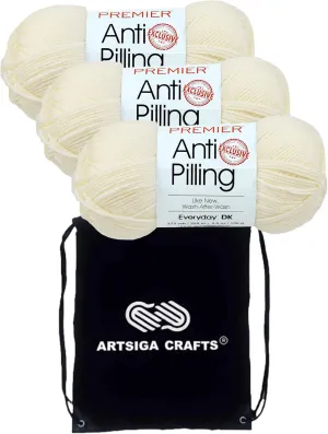 Premier Yarns Anti-Pilling Everyday DK Cream 1107-02 (3-Skeins - Same Dye Lot) DK Light Worsted #3 Anti-Pilling Acrylic Yarn for Crocheting and Knitting with Project Bag