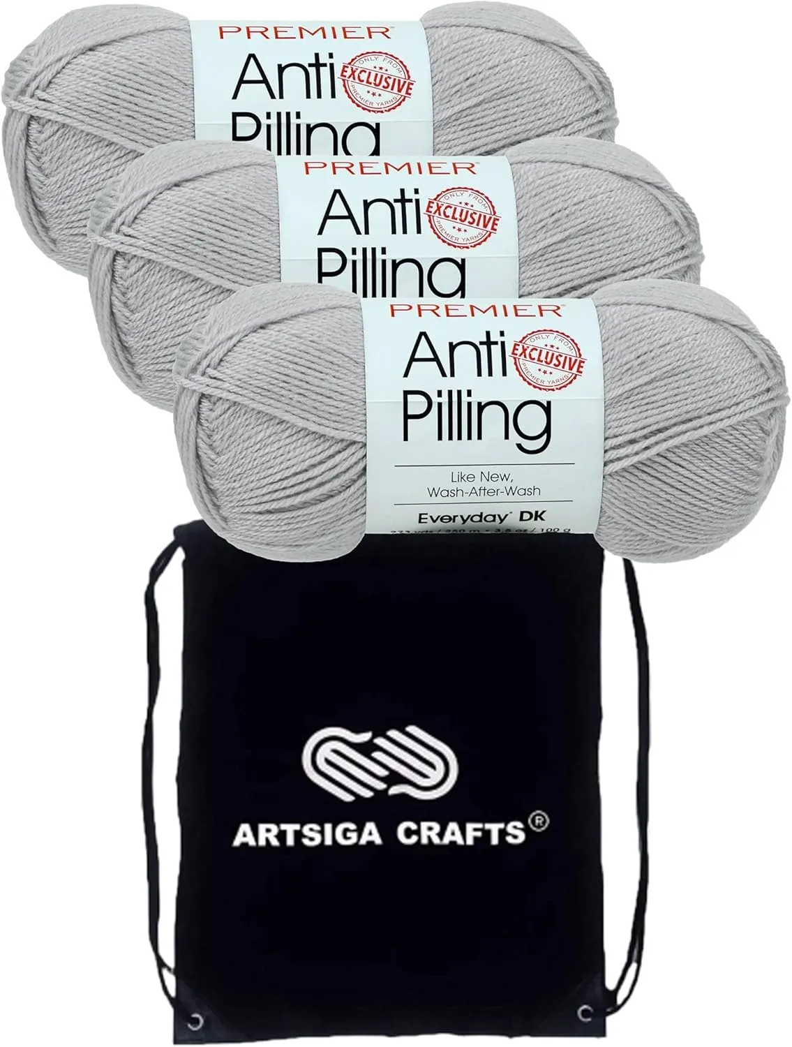 Premier Yarns Anti-Pilling Everyday DK Solids Mist 1107-24 (3-Skeins - Same Dye Lot) DK Light Worsted #3 Anti-Pilling Acrylic Yarn for Crocheting and Knitting with Project Bag