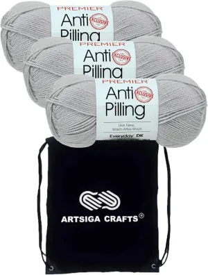 Premier Yarns Anti-Pilling Everyday DK Solids Mist 1107-24 (3-Skeins - Same Dye Lot) DK Light Worsted #3 Anti-Pilling Acrylic Yarn for Crocheting and Knitting with Project Bag