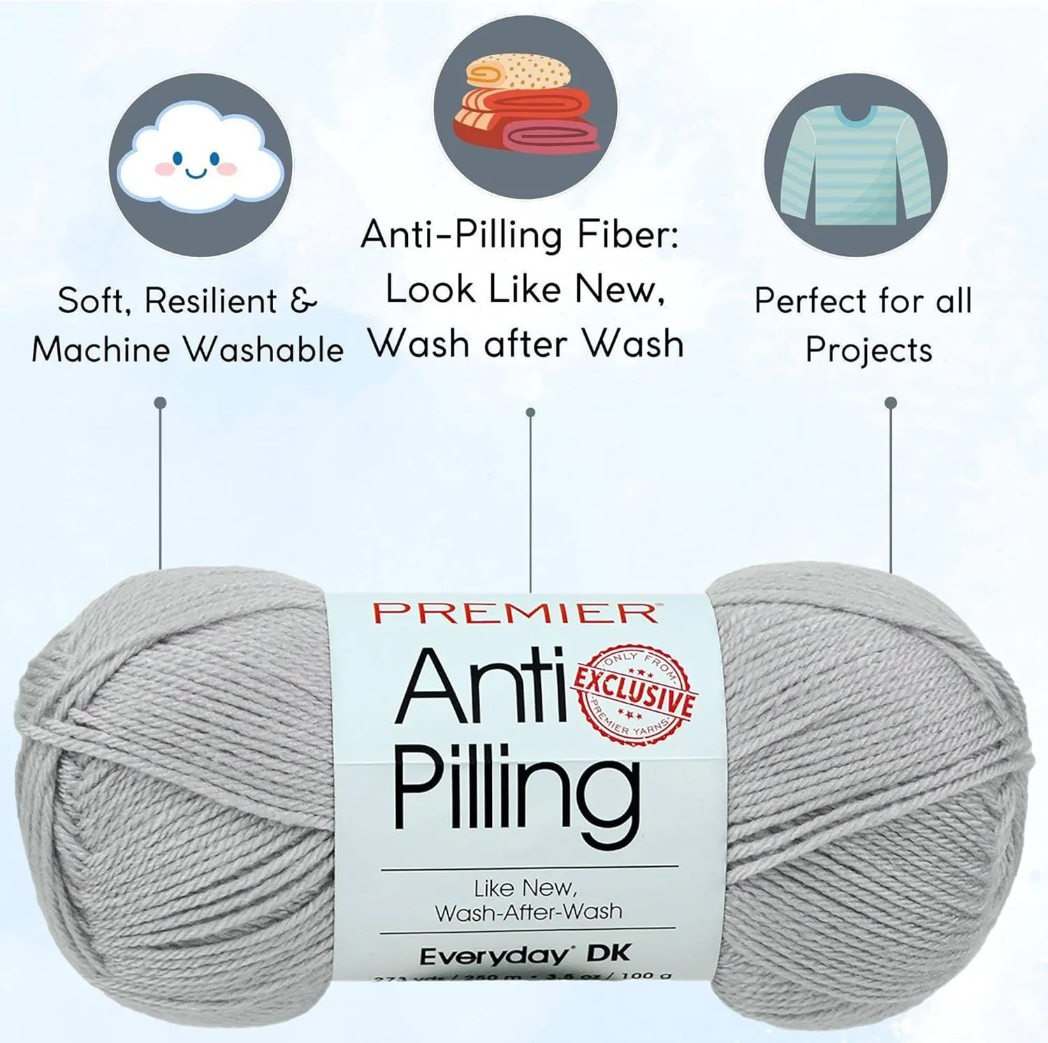 Premier Yarns Anti-Pilling Everyday DK Solids Mist 1107-24 (3-Skeins - Same Dye Lot) DK Light Worsted #3 Anti-Pilling Acrylic Yarn for Crocheting and Knitting with Project Bag