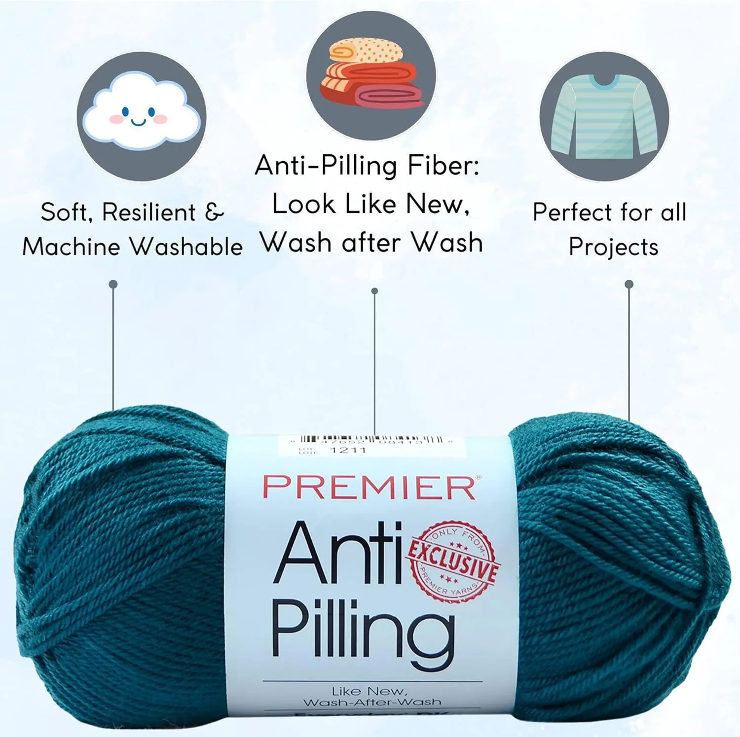 Premier Yarns Anti-Pilling Everyday DK Solids Teal 1107-14 (3-Skeins - Same Dye Lot) DK Light Worsted #3 Anti-Pilling Acrylic Yarn for Crocheting and Knitting with Project Bag