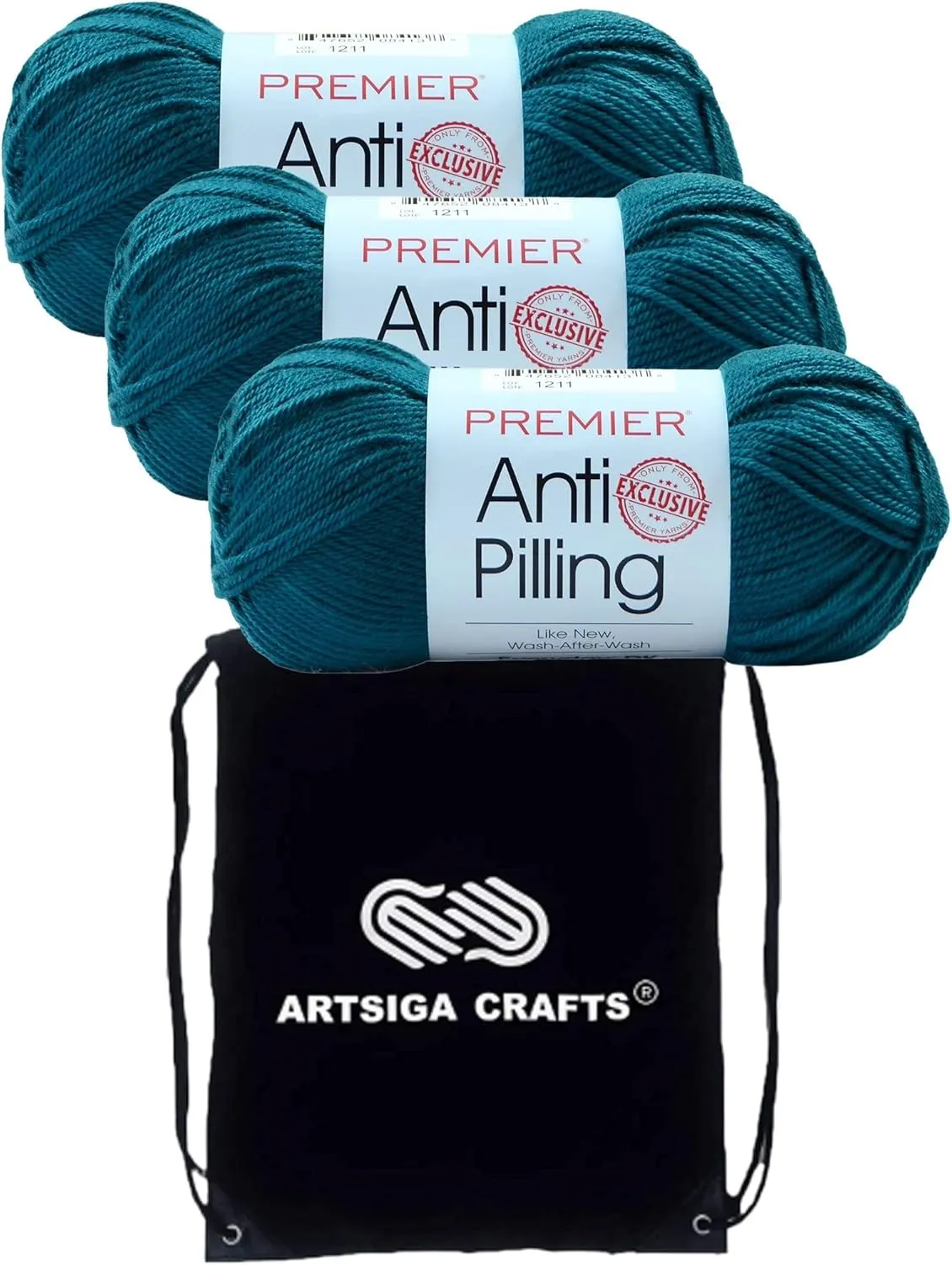 Premier Yarns Anti-Pilling Everyday DK Solids Teal 1107-14 (3-Skeins - Same Dye Lot) DK Light Worsted #3 Anti-Pilling Acrylic Yarn for Crocheting and Knitting with Project Bag