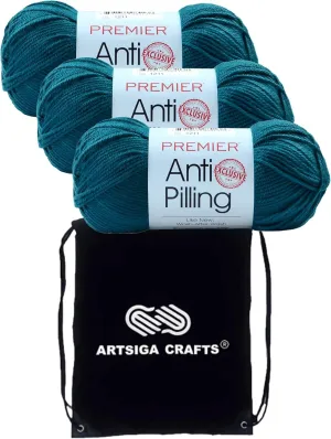 Premier Yarns Anti-Pilling Everyday DK Solids Teal 1107-14 (3-Skeins - Same Dye Lot) DK Light Worsted #3 Anti-Pilling Acrylic Yarn for Crocheting and Knitting with Project Bag
