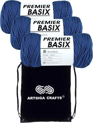 Premier Yarns Basix Azure 1115-26 (3-Skeins - Same Dye Lot) Worsted Medium #4 Acrylic Yarn for Crocheting and Knitting with Project Bag