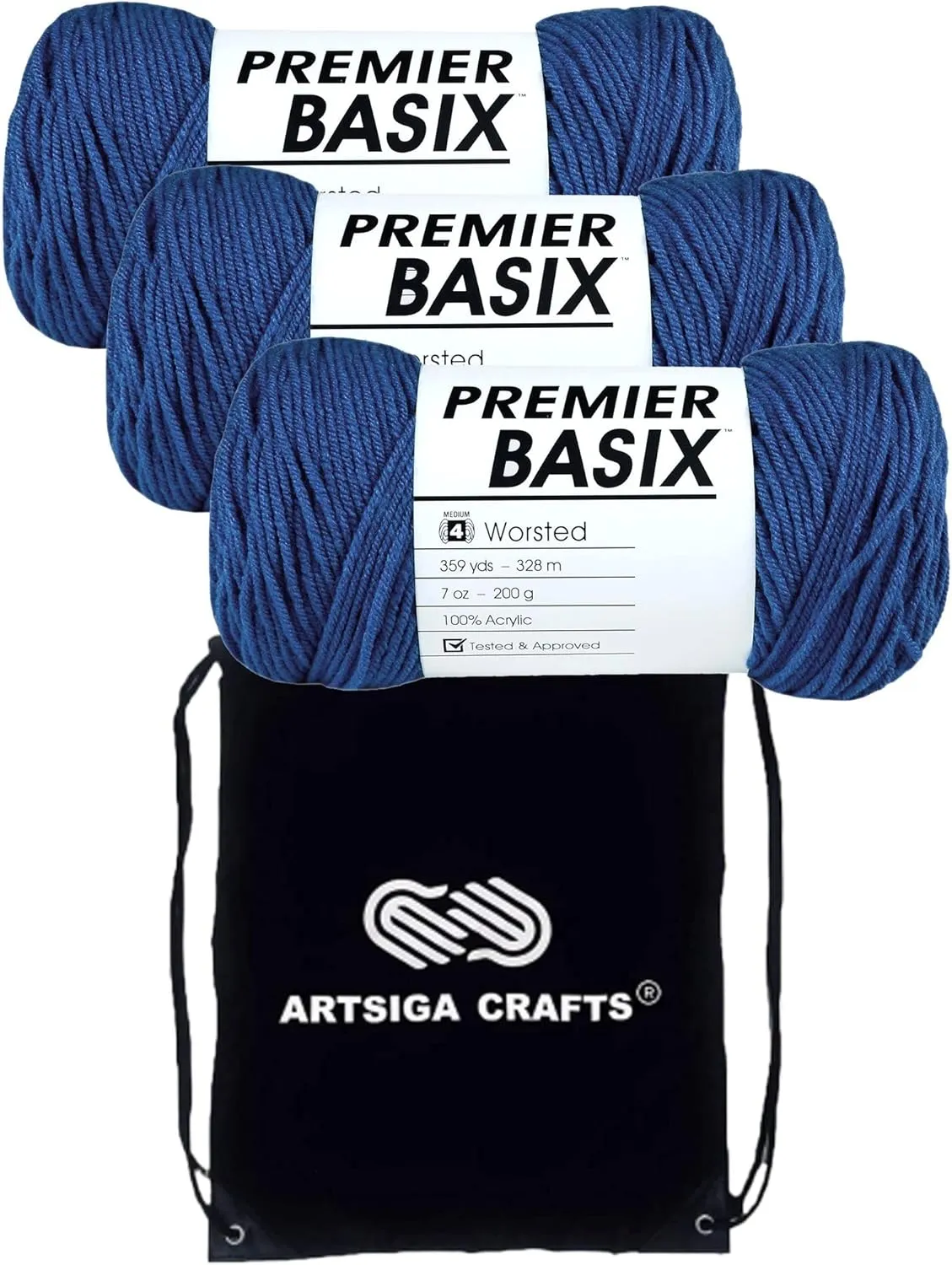 Premier Yarns Basix Azure 1115-26 (3-Skeins - Same Dye Lot) Worsted Medium #4 Acrylic Yarn for Crocheting and Knitting with Project Bag