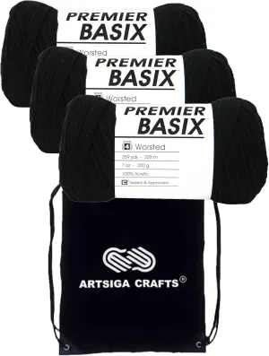 Premier Yarns Basix Black 1115-04 (3-Skeins - Same Dye Lot) Worsted Medium #4 Acrylic Yarn for Crocheting and Knitting with Project Bag
