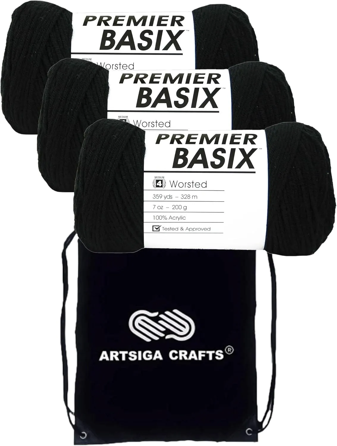 Premier Yarns Basix Black 1115-04 (3-Skeins - Same Dye Lot) Worsted Medium #4 Acrylic Yarn for Crocheting and Knitting with Project Bag