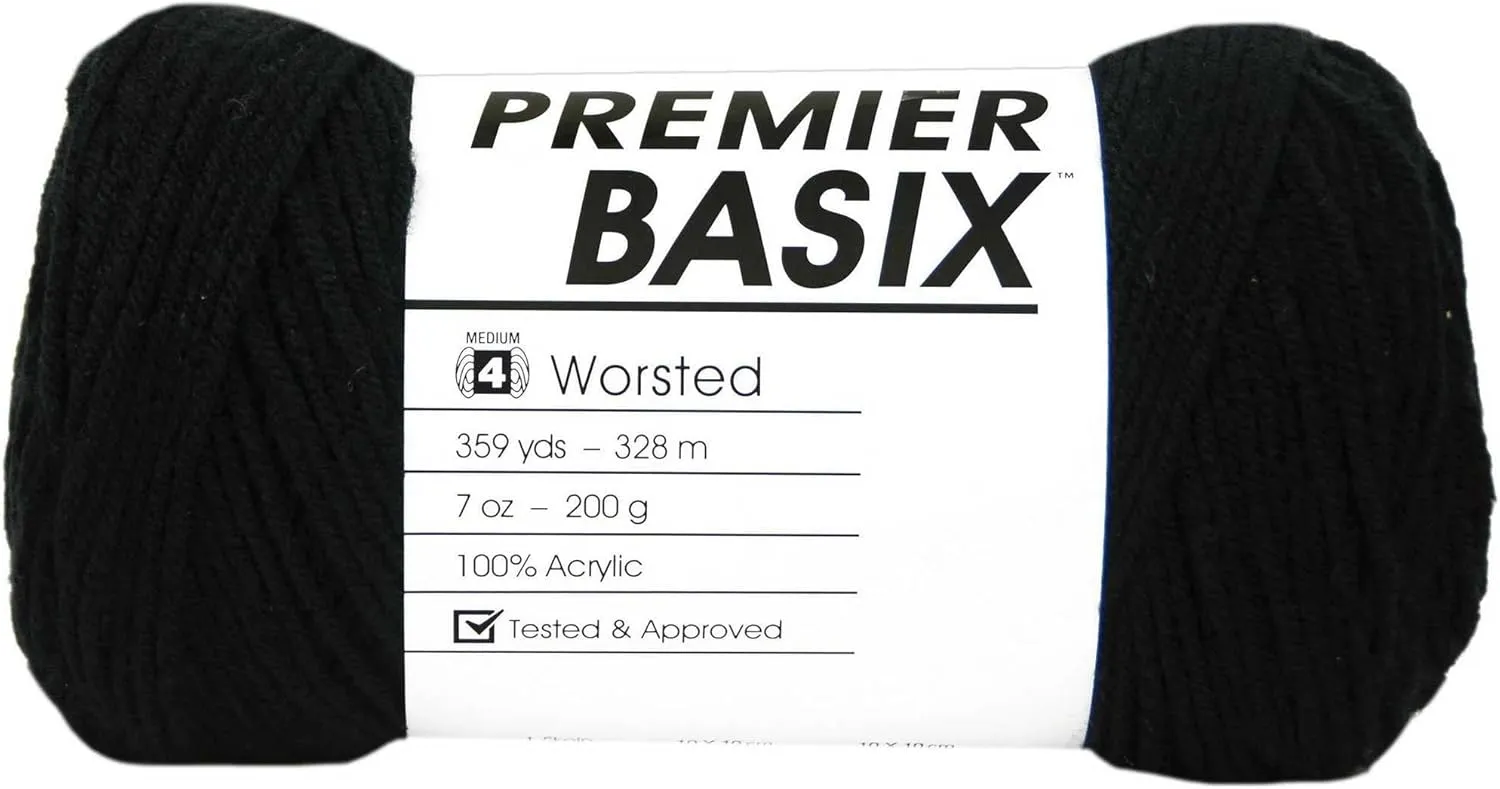 Premier Yarns Basix Black 1115-04 (3-Skeins - Same Dye Lot) Worsted Medium #4 Acrylic Yarn for Crocheting and Knitting with Project Bag