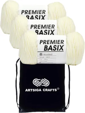 Premier Yarns Basix Cream 1115-32 (3-Skeins - Same Dye Lot) Worsted Medium #4 Acrylic Yarn for Crocheting and Knitting with Project Bag