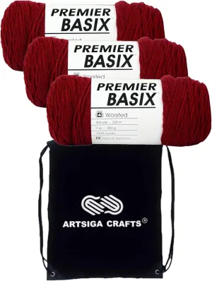 Premier Yarns Basix Garnet 1115-13 (3-Skeins - Same Dye Lot) Worsted Medium #4 Acrylic Yarn for Crocheting and Knitting with Project Bag