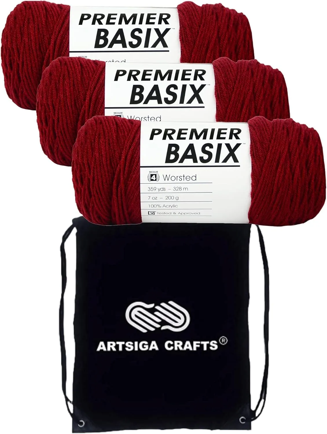 Premier Yarns Basix Garnet 1115-13 (3-Skeins - Same Dye Lot) Worsted Medium #4 Acrylic Yarn for Crocheting and Knitting with Project Bag