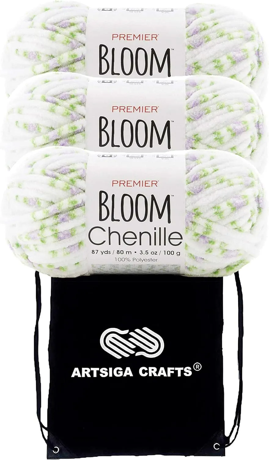 Premier Yarns Bloom Chenille Lilac 2099-04 (3-Skeins - Same Dye Lot) Weight S Bulky #6 Polyester Yarn for Crocheting and Knitting with Project Bag