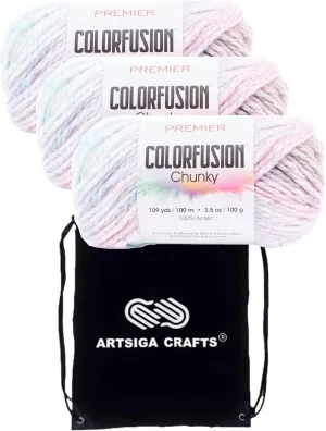 Premier Yarns Colorfusion Chunky Salt Water Taffy 1174-13 (3-Skeins - Same Dye Lot) Chunky Bulky #5 Acrylic Yarn for Crocheting and Knitting with Project Bag