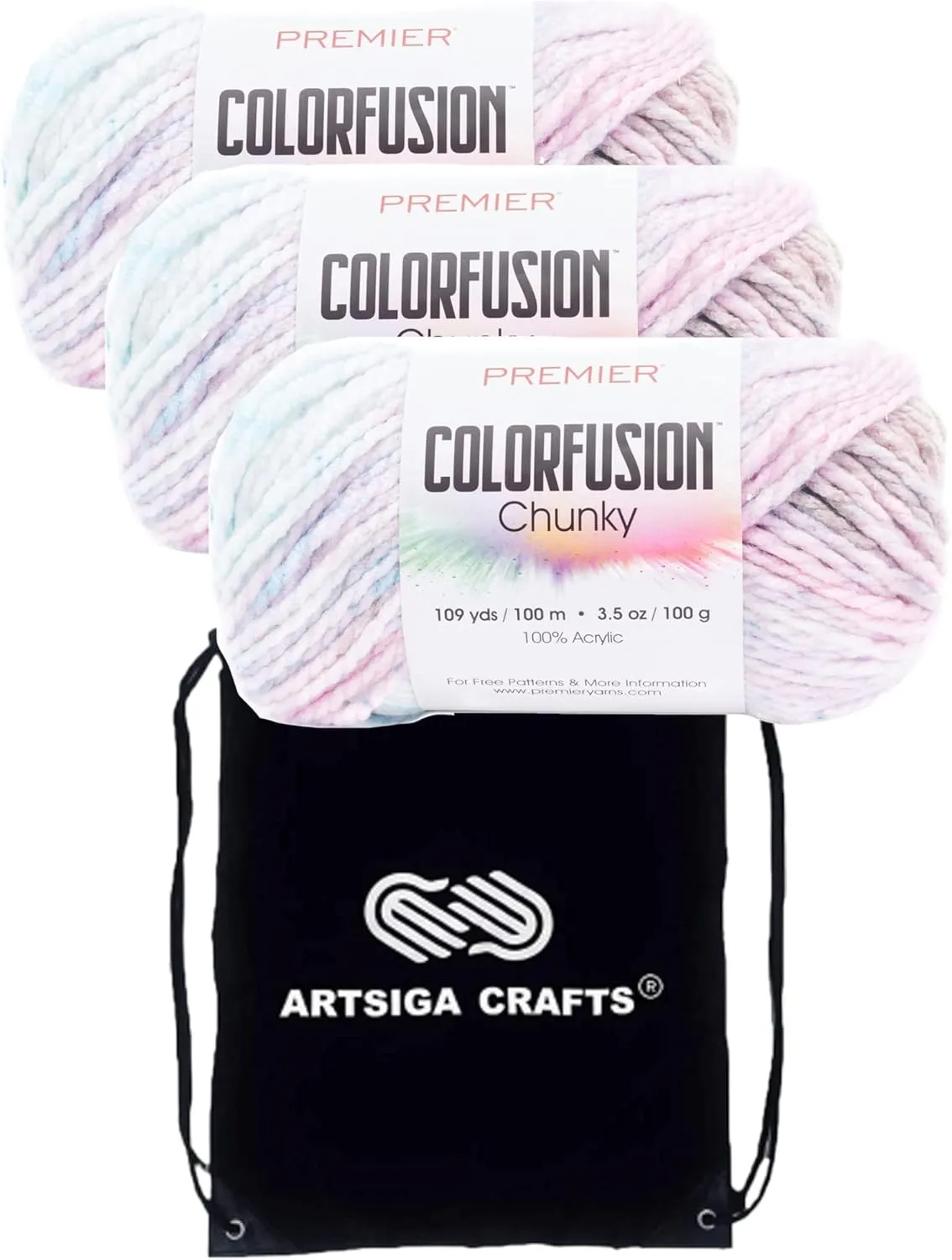 Premier Yarns Colorfusion Chunky Salt Water Taffy 1174-13 (3-Skeins - Same Dye Lot) Chunky Bulky #5 Acrylic Yarn for Crocheting and Knitting with Project Bag