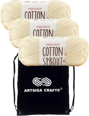 Premier Yarns Cotton Sprout Worsted Solid Cream 2101-26 (3-Skeins - Same Dye Lot) Worsted Medium #4 Cotton Yarn for Crocheting and Knitting with Project Bag