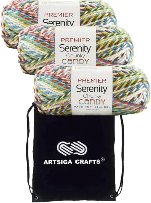 Premier Yarns Serenity Chunky Candy Confetti 2092-05 (3-Skeins - Same Dye Lot) Chunky Bulky #5 Acrylic Yarn for Crocheting and Knitting with Project Bag